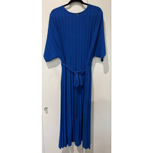 Women's MISOOK Blue Ribbed Knit self tie short sleeve Midi Dress XL